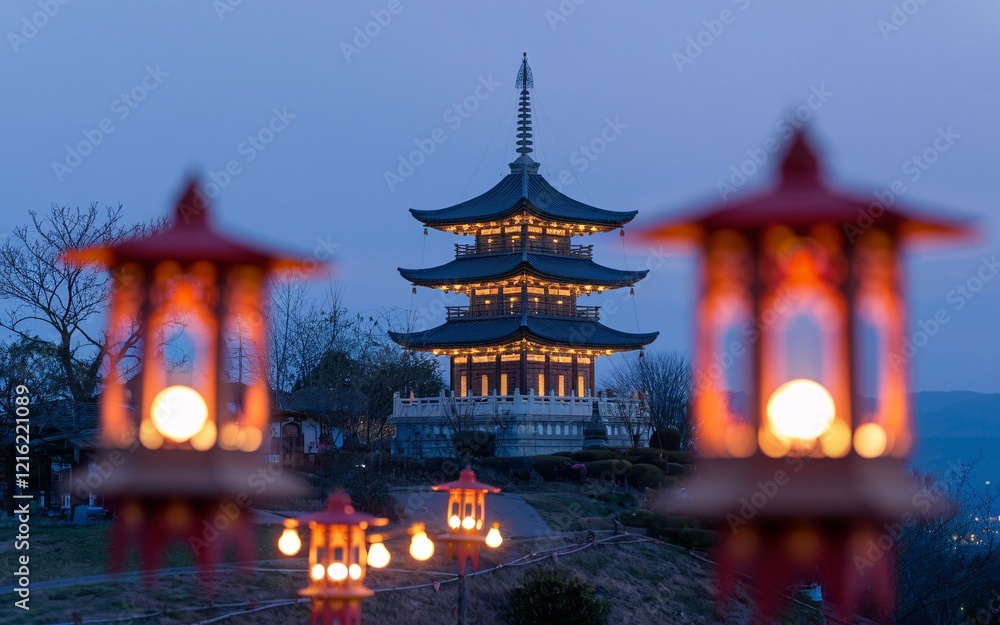 Fototapeta premium Illuminated pagoda at dusk, lanterns in foreground. (1)