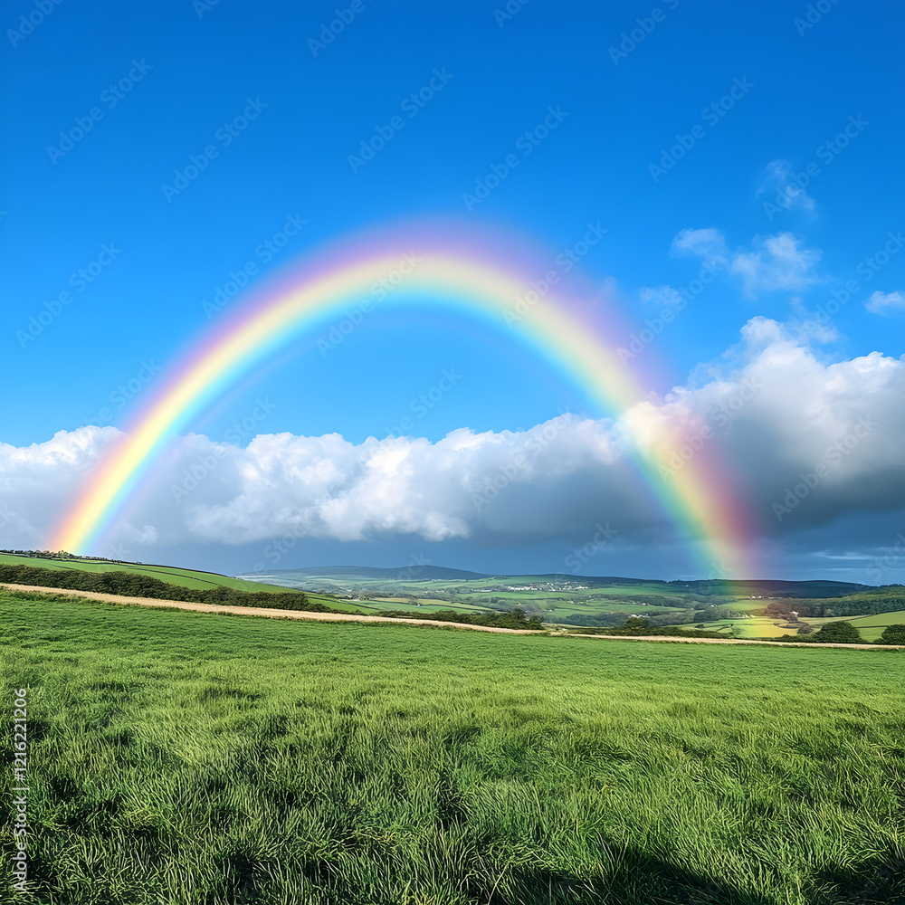 Naklejka premium Rainbow Over Field: A vibrant rainbow arches across a verdant field, casting a magical glow over rolling hills and a clear blue sky. It’s a reminder of hope and promise.