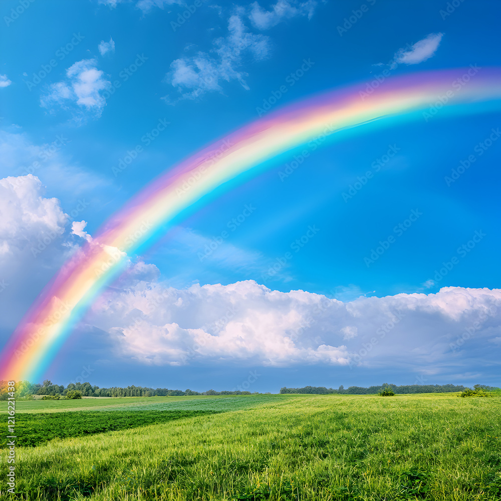 Rainbow Over Green Field: A vibrant rainbow arches over a vast, rolling green field, bathed in the warm glow of the sun. The perfect scene for a dreamlike and peaceful moment. Rainbow Over Green Field: A vibrant rainbow arches over a vast, rolling green field, bathed in the warm glow of the sun. The perfect scene for a dreamlike and peaceful moment.