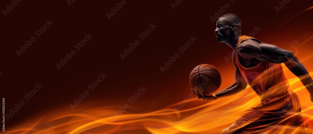 Fototapeta premium Dynamic basketball player in motion with fiery background.