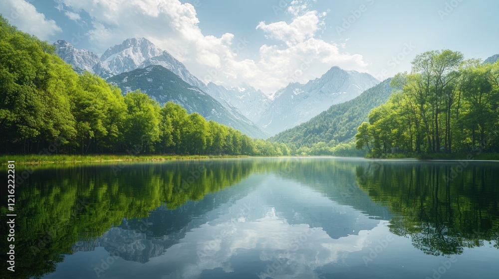 Calm mountain lake reflecting scenic peaks Calm mountain lake reflecting scenic peaks