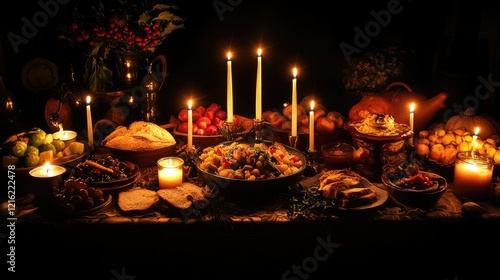 A festive dining table is illuminated by the warm glow of a silver menorah holding nine lit candles, photo