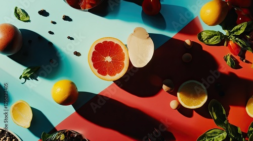 A top-down view of a festive table spread featuring a variety of foods. photo