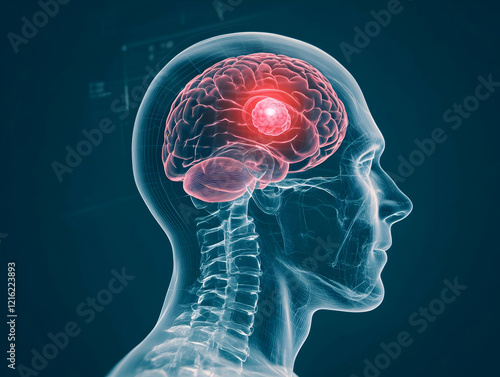 3D Illustration Shows Brain Tumor Growing in Transparent Human Head and Neck Anatomy photo