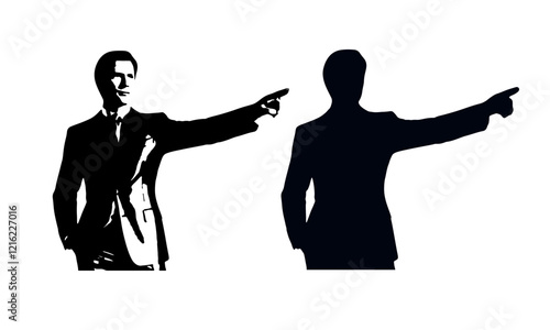 A silhouette of a businessman wearing a suit, standing confidently while pointing forward