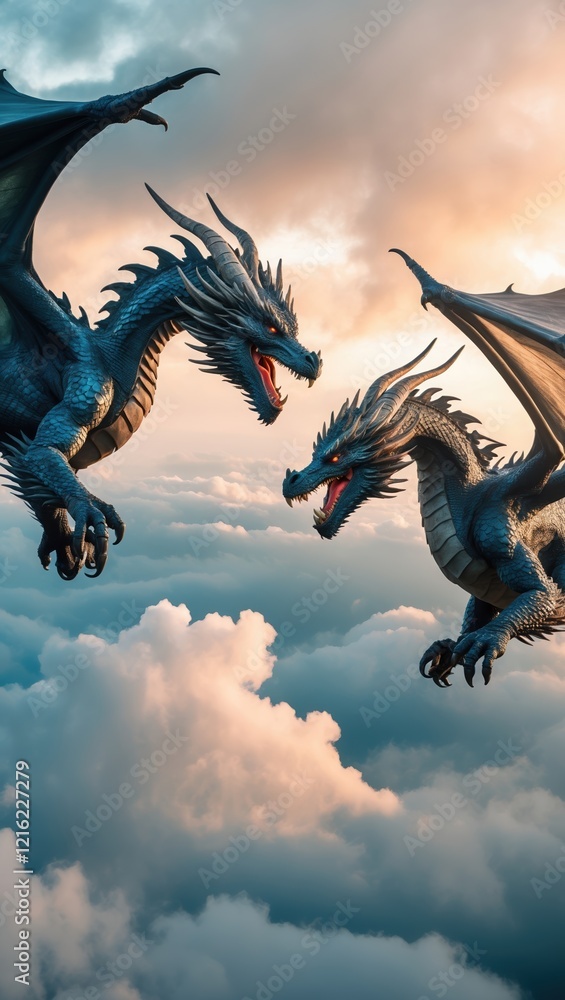 Fierce Dragons Battling in Sunset Clouds