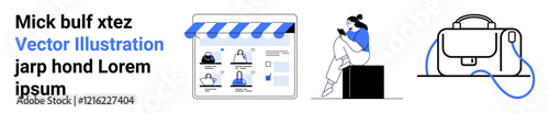 Girl browsing laptop, store browsing storefront, handbag with shoulder strap. Ideal for e-commerce, shopping websites, online stores, fashion blogs, tech startups, web design, social media campaigns