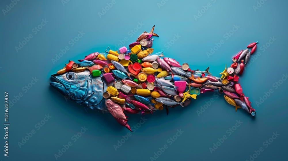Fototapeta premium Environmental awareness art fish made from plastic waste modern art installation urban environment close-up view