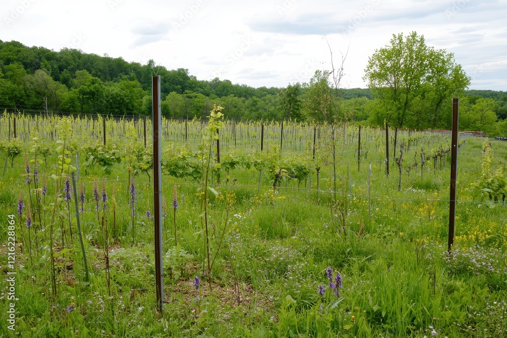 Obraz premium Blossoming Vineyard A vineyard with budding grapevines and wildflowers growing between the rows
