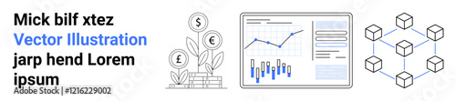 Money tree with currency symbols, data analytics screen with charts, and interconnected blockchain cubes. Ideal for finance, investment, data analysis, blockchain technology, fintech, growth