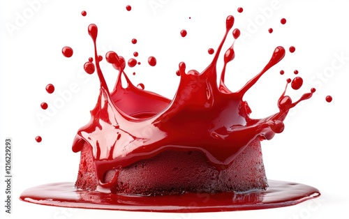 red cake topping splash isolated on white background photo