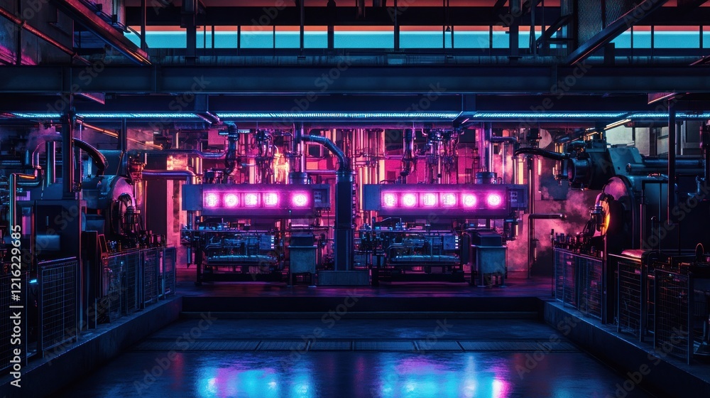 Fototapeta premium Neon Industrial Dreamscape: A Futuristic Factory Interior