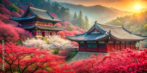 Zen's embrace: Songgwangsa Temple awash in surreal Cornus Officinalis blossoms. photo