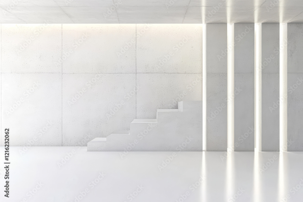 Obraz premium Modern minimalist interior design featuring concrete walls and illuminated stairs in a spacious area