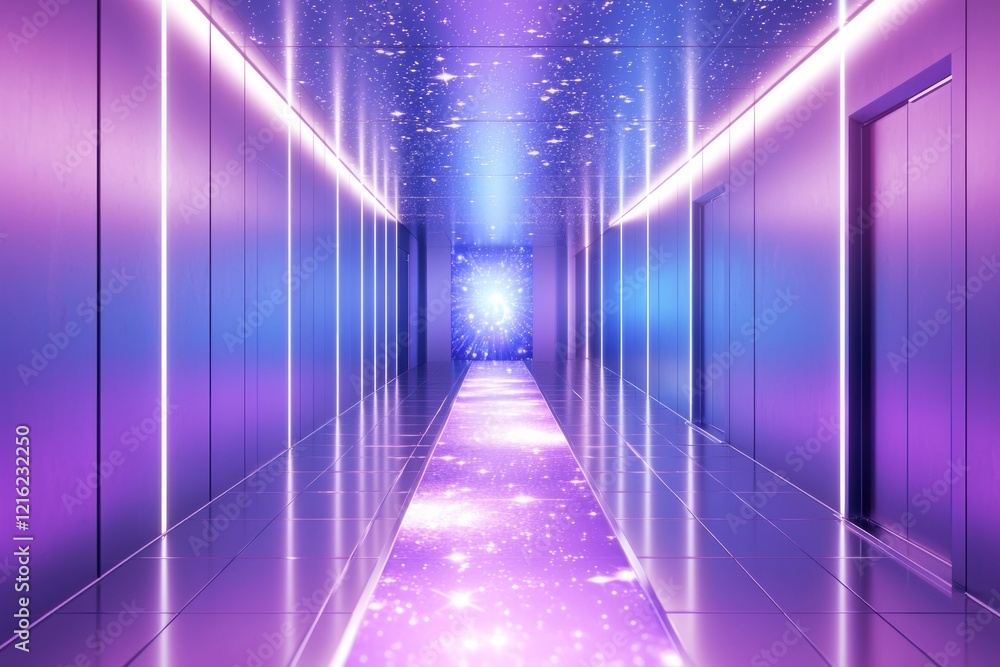Fototapeta premium A futuristic hallway with sleek metallic walls and glowing panels, where a starry path glides above the floor, leading to a distant portal. -