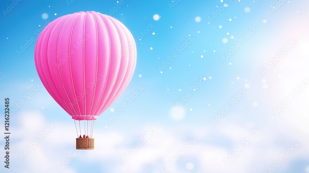 Obraz premium A vibrant pink hot air balloon floats above fluffy clouds under a bright blue sky, creating a serene and whimsical atmosphere.
