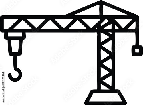 Construction crane, minimalist line drawing, black and white icon, industrial equipment, simplified geometry, architectural sketch, building site symbol, heavy machinery illustration, vector graphic s