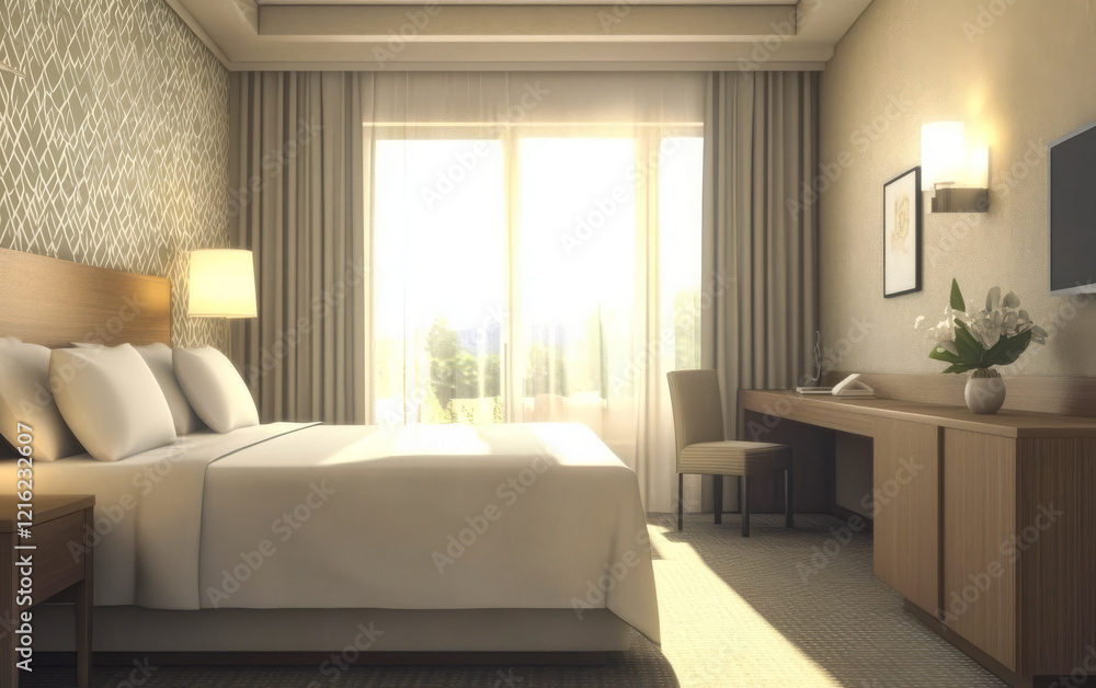 Fototapeta premium Bright and modern hotel room with a serene view during daytime