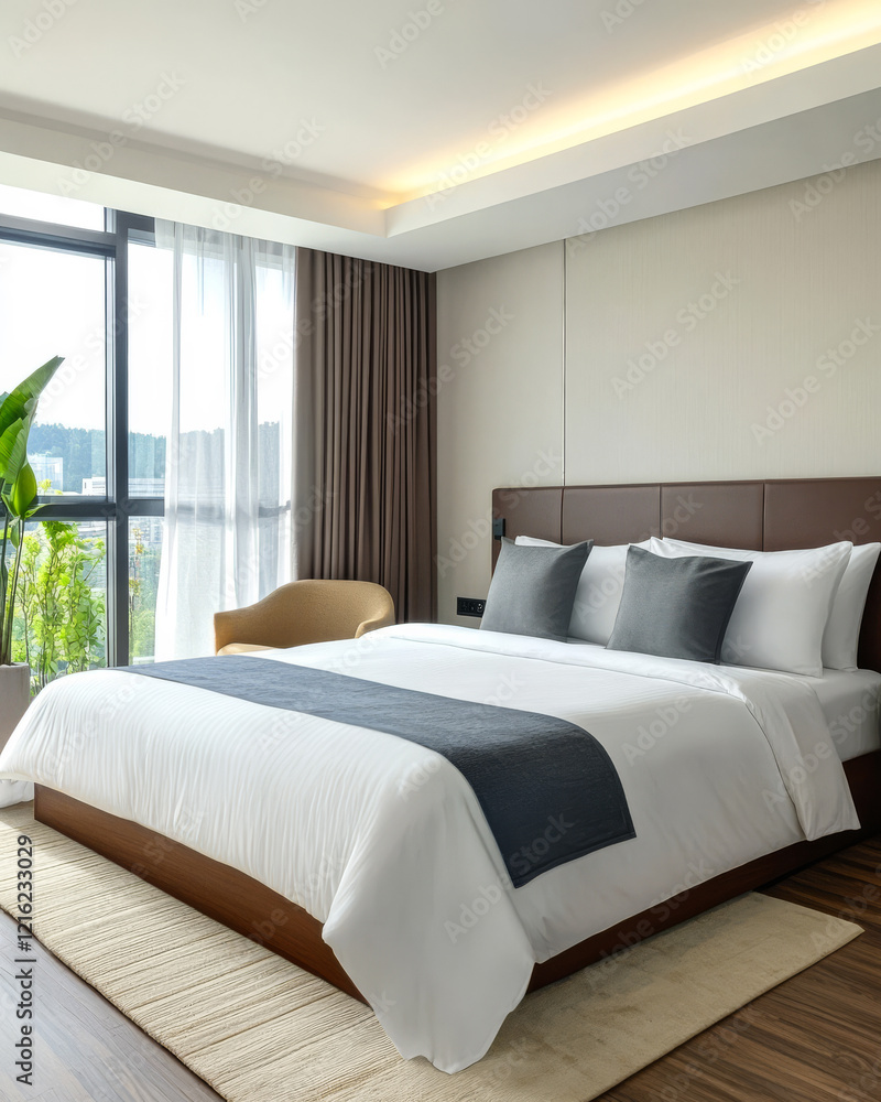 Fototapeta premium Modern bedroom with large window and natural light in a stylish apartment