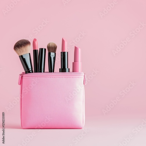 A stylish pink makeup bag filled with various brushes and lip products against a soft pink background.