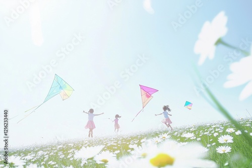 Children Flying Kites Children running through a field of daisies, flying colorful kites under a clear sky.