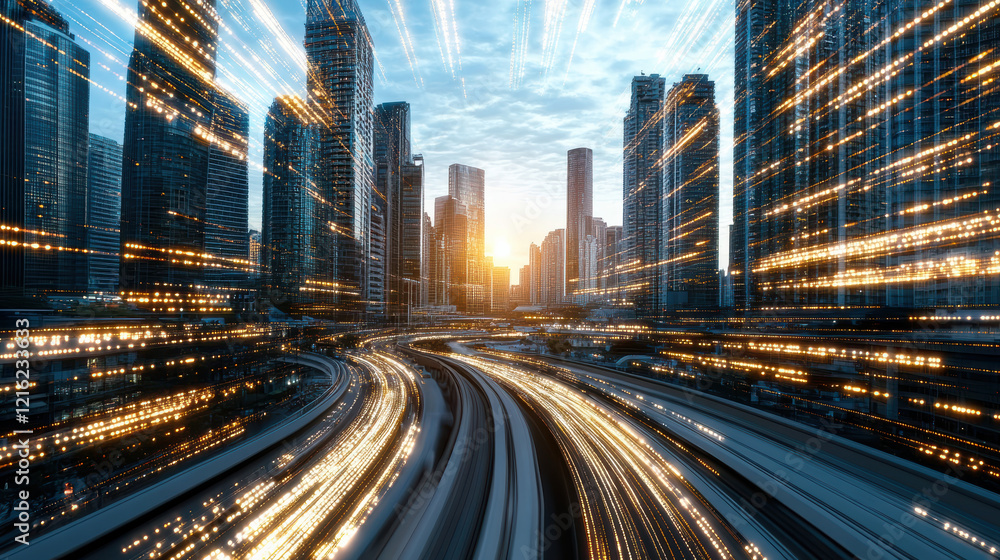 Dynamic city skyline with light trails at sunset, showcasing urban energy Dynamic city skyline with light trails at sunset, showcasing urban energy