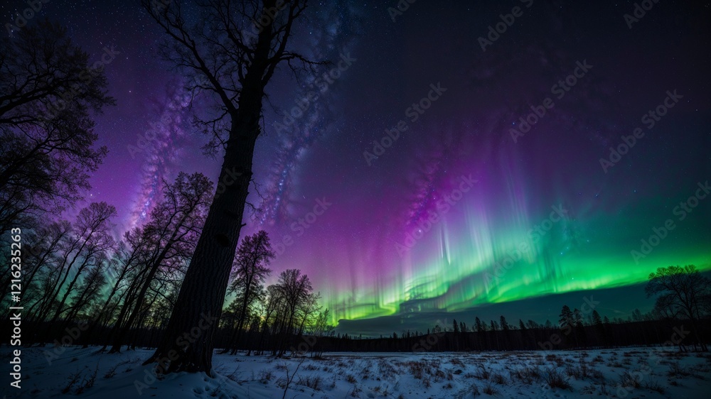 Obraz premium Vibrant Purple and Green Aurora Over a Tree Line