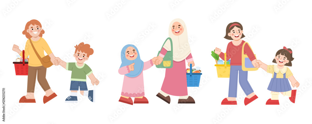 Illustration set of mother and children shopping Illustration set of mother and children shopping