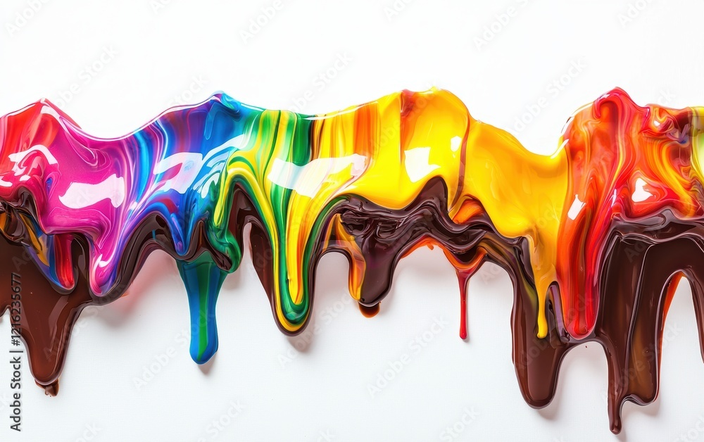 Naklejka premium Shiny, dripping chocolate wave with mixed rainbow colors, glossy finish, isolated on bright white