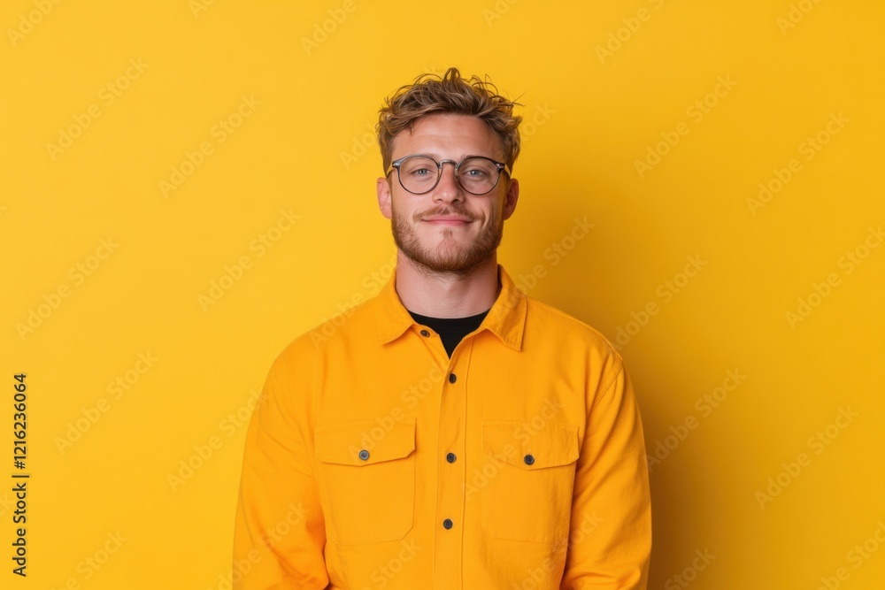 Portrait of smiling young man wearing glasses and yellow shirt on yellow background Portrait of smiling young man wearing glasses and yellow shirt on yellow background
