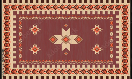 Geometric rug patterns in brown and orange tones. This design beautifully blends modernity, offering balance and harmony through its repeated motifs. Perfect for decorating living rooms, bedrooms