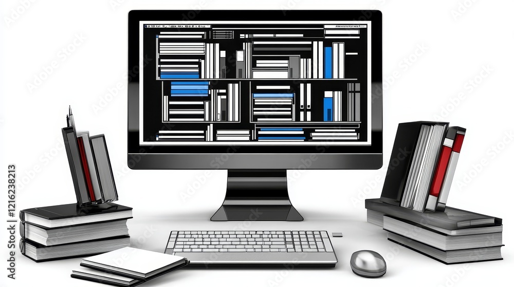 Obraz premium Digital Library Computer Screen Displaying a Virtual Bookshelf with Physical Books