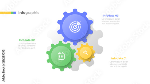 3 Step Gear Workflow Diagram. Minimalist infographic template. Can be used for annual report, info chart, presentation layout. Vector illustration.