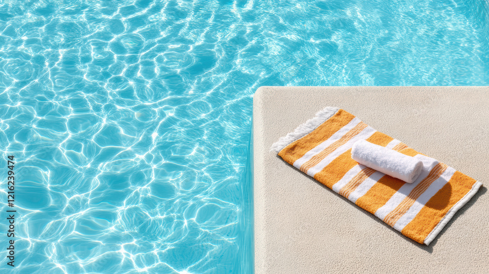colorful beach towel rests by sparkling pool, inviting relaxation colorful beach towel rests by sparkling pool, inviting relaxation