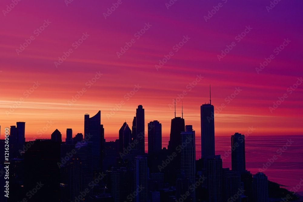 City Skyline Gradient: A cityscape at dusk with buildings in silhouette against a sky transitioning from fiery red to deep purple City Skyline Gradient: A cityscape at dusk with buildings in silhouette against a sky transitioning from fiery red to deep purple