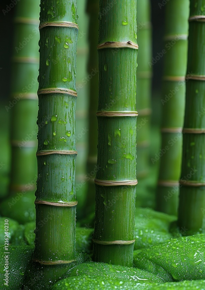 Green bamboo stalks stand on green ground with water drops, nature background use. Green bamboo stalks stand on green ground with water drops, nature background use.