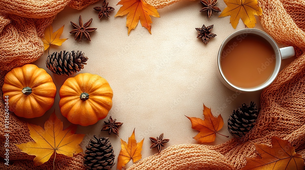 Fototapeta premium A coffee cup, warm scarf, small pumpkins, yellow maple leaves, pine cones, and anise on a pastel beige background with plenty of space for text or advertisements.