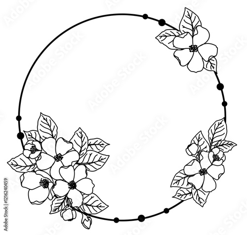 Decorative round frame with delicate flowers and leaves. Borders decorated with hand drawn delicate flowers, branches, leaves, flower. Vector frame with flowers of jasmine, apple. Vector illustration