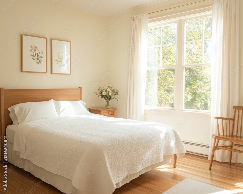 Fototapeta premium Bright and Airy Bedroom with Wooden Bed and Natural Light