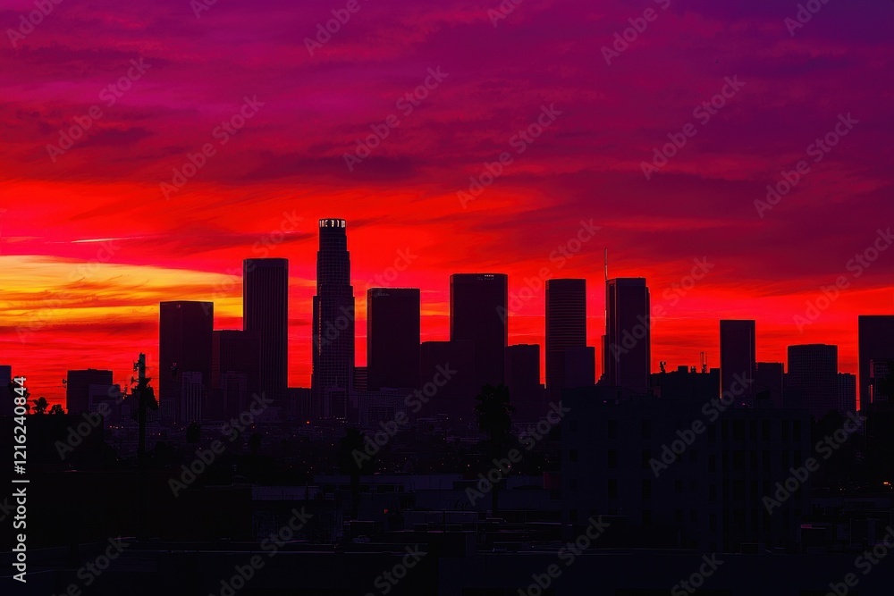 City Skyline Gradient: A cityscape at dusk with buildings in silhouette against a sky transitioning from fiery red to deep purple City Skyline Gradient: A cityscape at dusk with buildings in silhouette against a sky transitioning from fiery red to deep purple