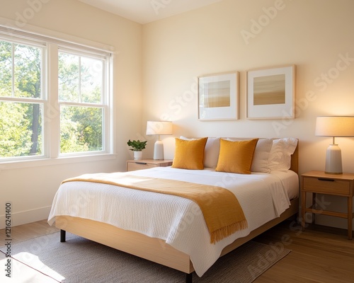 Bright and Airy Bedroom with Wooden Bed and Mustard Yellow Throw