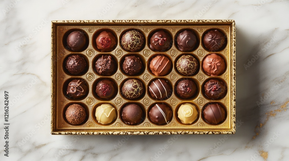 A gourmet chocolate truffle assortment placed in a decorative box with gold detailing