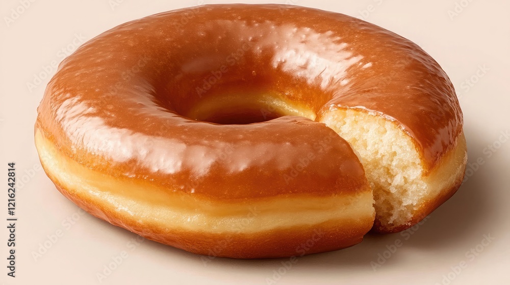 A minimalist photo of a single glazed donut with a bite taken out, placed on a pastel background A minimalist photo of a single glazed donut with a bite taken out, placed on a pastel background