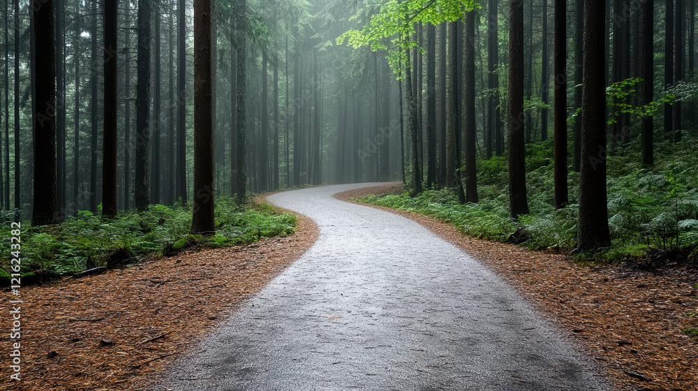 Fototapeta premium fog laden path winding through dark, eerie forest creates mysterious atmosphere