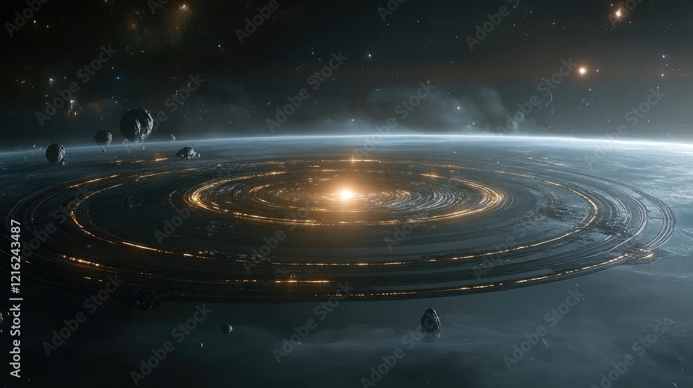 Obraz premium A planet surrounded by rings made of glowing energy, with an intricate network of moons orbiting nearby