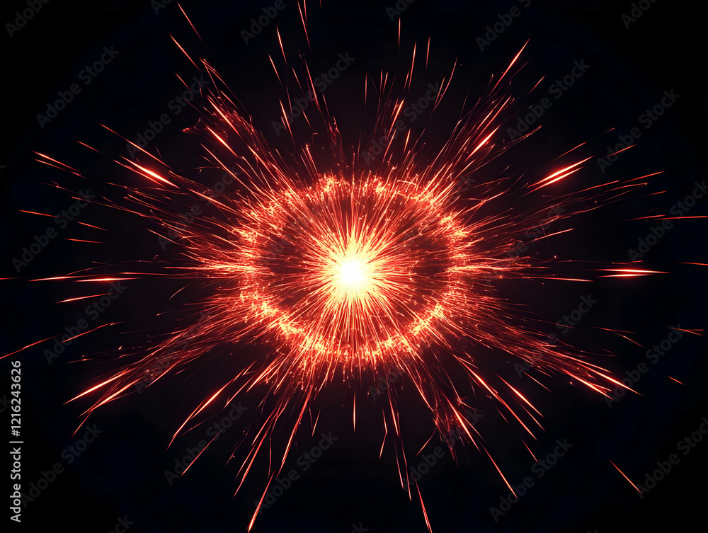 Fototapeta premium Red Sparks Explode Outward from a Central Point on Black Background.