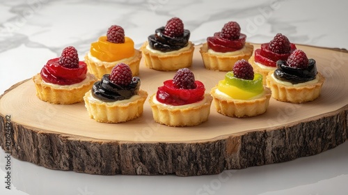 Wallpaper Mural A selection of colorful fruit tarts arranged on a rustic wooden tray, each topped with fresh berries Torontodigital.ca