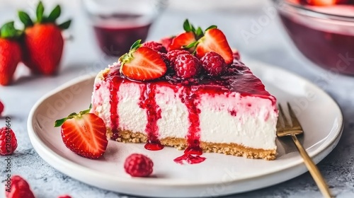 Wallpaper Mural A slice of creamy cheesecake topped with fresh strawberries and a drizzle of berry sauce, placed on a white plate Torontodigital.ca