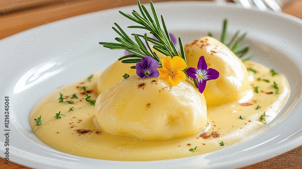 Enjoy Gourmet Dumplings in Flavorful Sauce, topped with Edible Flowers for a delightful meal Enjoy Gourmet Dumplings in Flavorful Sauce, topped with Edible Flowers for a delightful meal