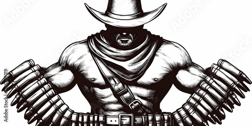 Muscular Cowboy Wears Hat, Bandana, and Bullet Belts in Detailed Illustration photo